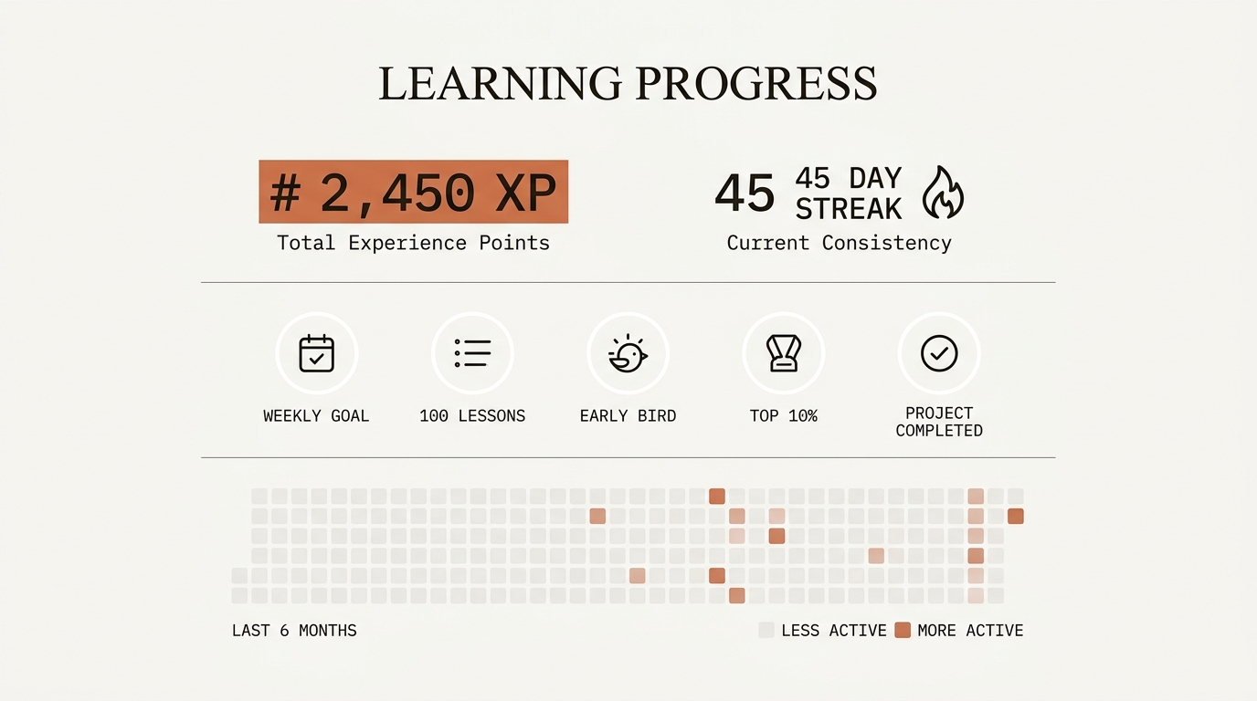 Progress & gamification — XP, streaks, achievements